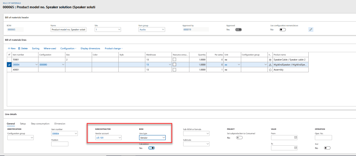 production order vendor account