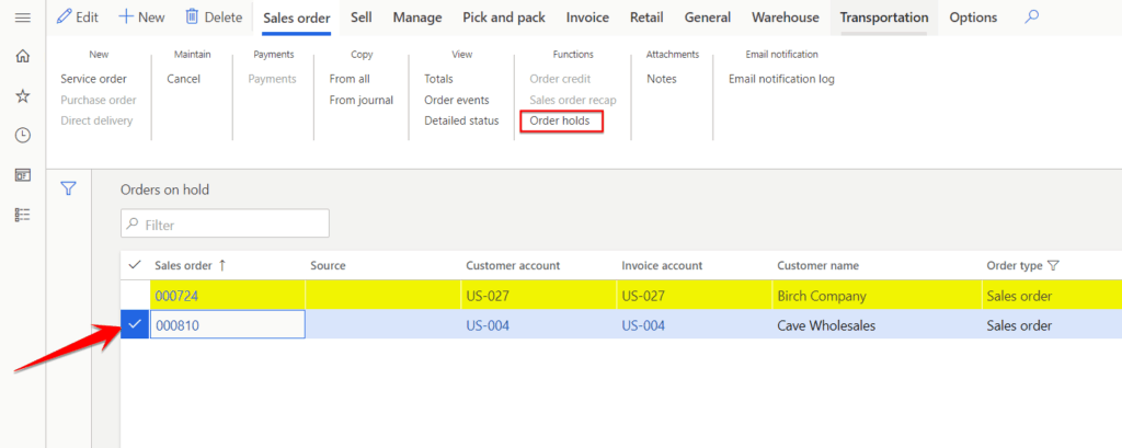 order hold active form dynamics 365
