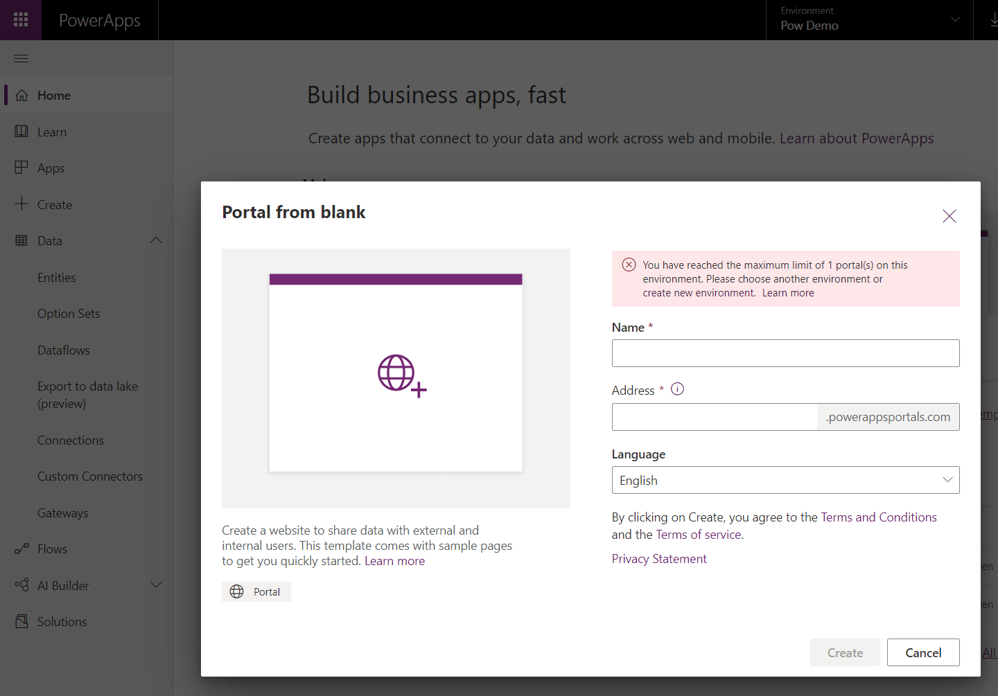 create portal from blank powerapps