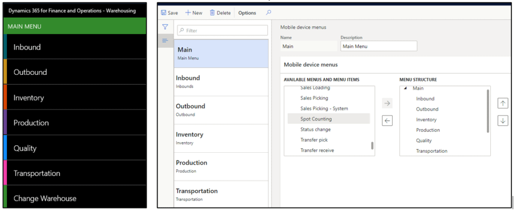 edit menus warehouse management mobile dynamics 365