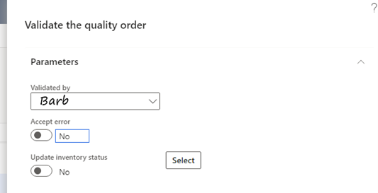 Validation screen for quality orders in D365