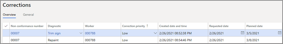 Quality Corrections Form in Dynamics 365